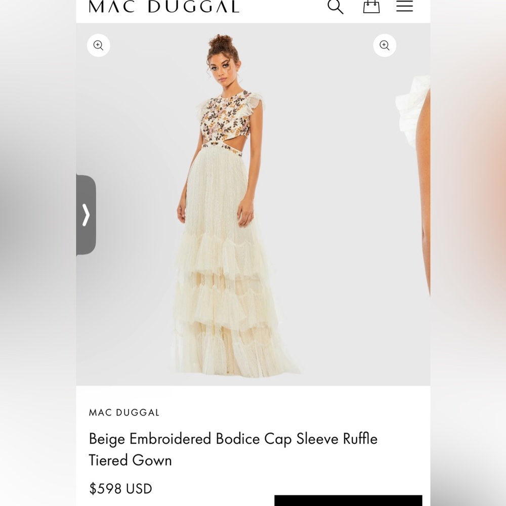 Mac Duggal Beige Embroidered Ruffle Tiered Gown